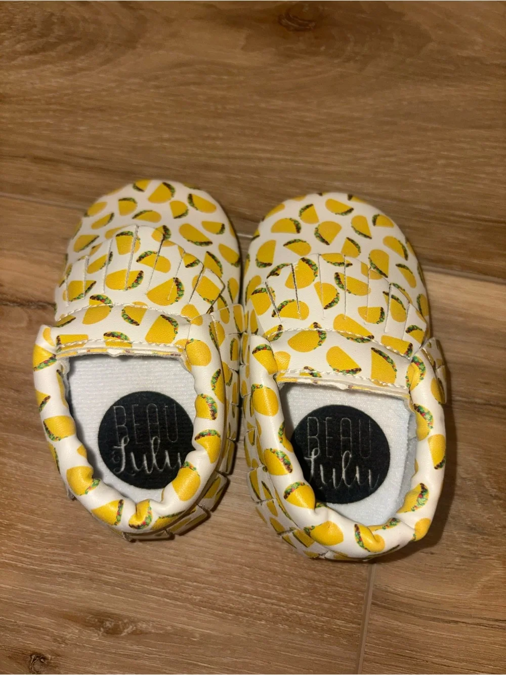 Beau & Lulu Taco Print Soft Sole Baby Moccasins | Size 4 (12–18M)
